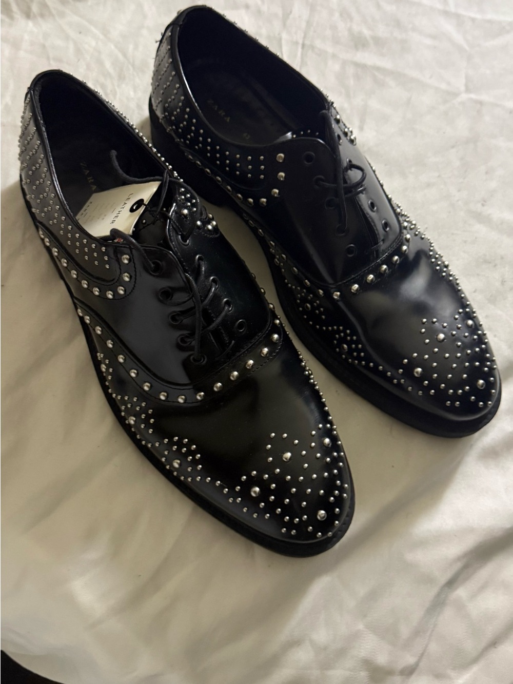 Zara Black Leather Oxford Shoes with Silver Studs
